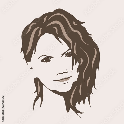 Face front view. Elegant silhouette of a female head. Portrait of a happy smiled woman