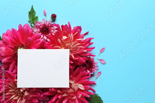 Fototapeta Naklejka Na Ścianę i Meble -  Flat lay composition with beautiful dahlia flowers and blank card on color background