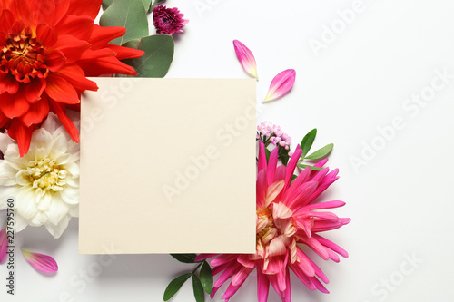Fototapeta Naklejka Na Ścianę i Meble -  Flat lay composition with beautiful dahlia flowers and blank card on white background