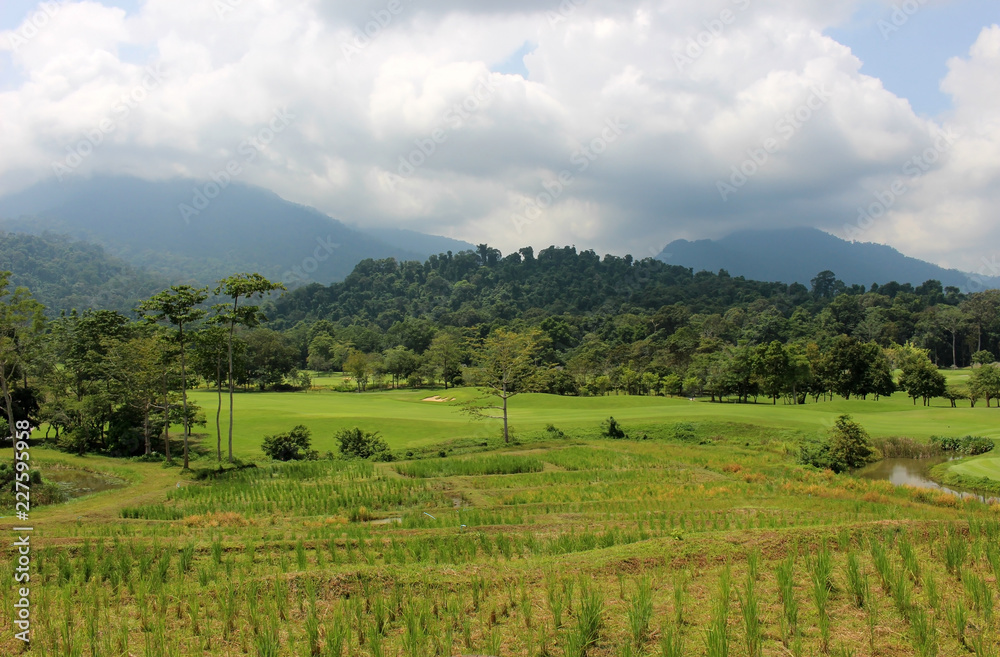 Landscape of rice fields, golf course, green forests and mountains in Khao Soi Dow District of eastern Thailand. Landscape of rice fields, golf course, green forests and mountains in Khao Soi Dow District of eastern Thailand.