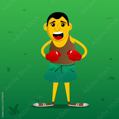 Yellow man holding his fists in front of him ready to fight wearing boxing gloves. Vector cartoon illustration.