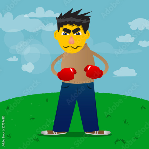 Yellow man holding his fists in front of him ready to fight wearing boxing gloves. Vector cartoon illustration.
