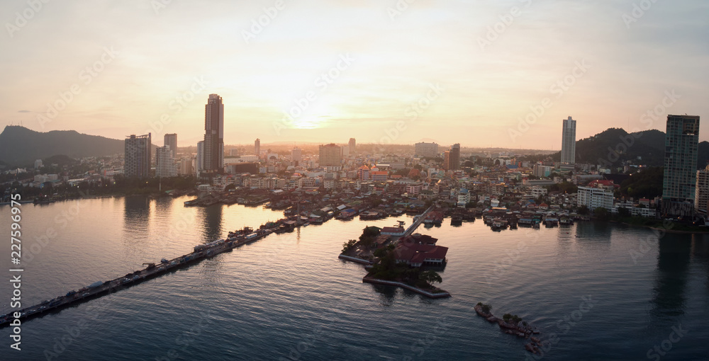 Sriracha city Thailand asia downtown at sunrise of beautiful aerial view.