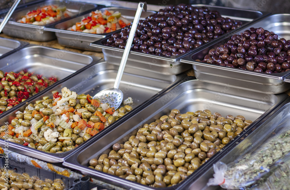 Green and black olives in the fruit market, Catania, Sicily, Italy Green and black olives in the fruit market, Catania, Sicily, Italy