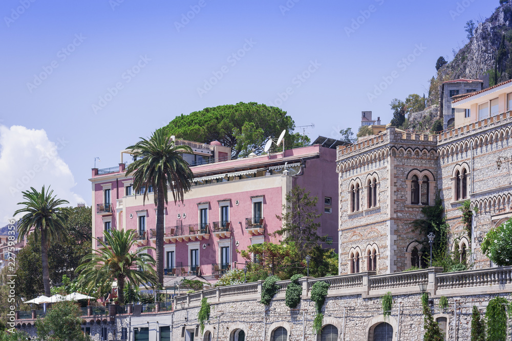View of Taormina from Parco Colonna, Sicily, Italy