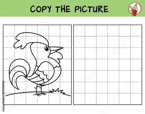 Rooster. Copy the picture. Coloring book. Educational game for children. Cartoon vector illustration