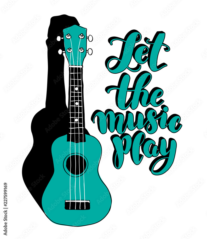 Vector calligraphic inscription "Let the music play" with ukulele or guitar.  Music stamp, logo, poster. Stock Vector | Adobe Stock