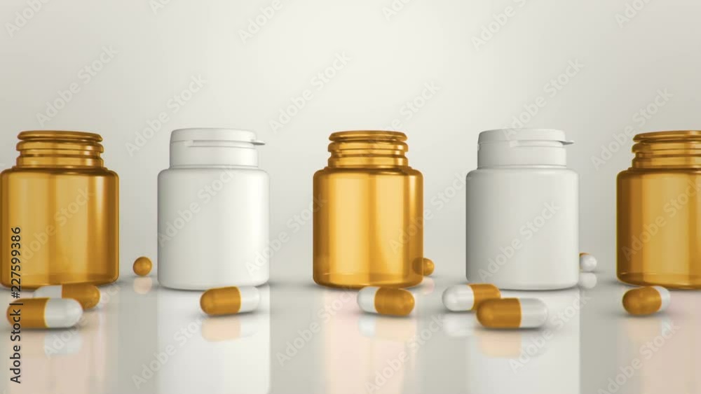 Animation of moving bottles for medication in a row with pills around. Animation of seamless loop. Animation of moving bottles for medication in a row with pills around. Animation of seamless loop.