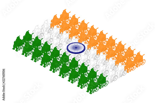 Isometric disabled man with wheelchair icon pictogram in row, India national flag shape concept design illustration isolated on white background, Editable stroke