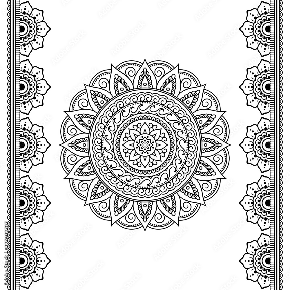 Set of Mehndi flower pattern mandala and seamless border for Henna ...