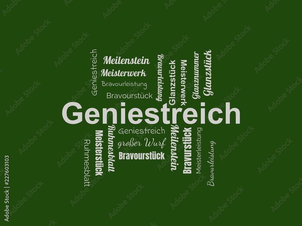 Das Wort - Geniestreich - abgebildet in einer Wortwolke mit zusammenhängenden Wörtern Das Wort - Geniestreich - abgebildet in einer Wortwolke mit zusammenhängenden Wörtern