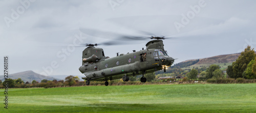 Wide angle image of an Royal Air Force CH-47-HC.6A Chinook helicopter as it returns to base after a bird strike during low level flying in the Peak District on 11 October 2018.