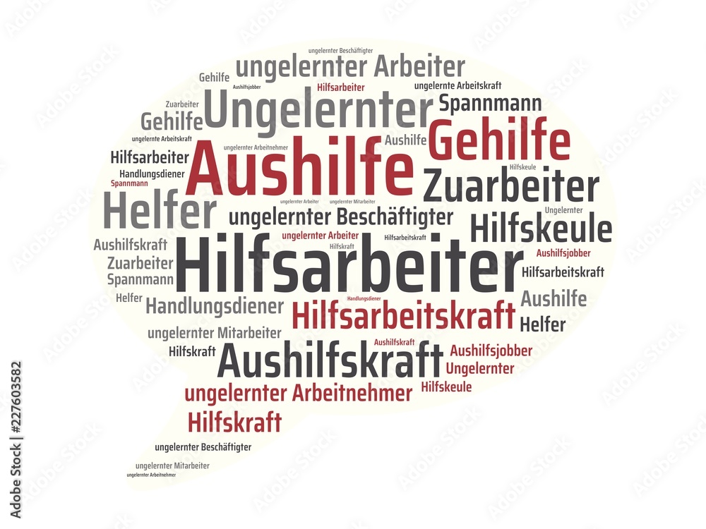 Das Wort - Hilfsarbeiter - abgebildet in einer Wortwolke mit zusammenhängenden Wörtern Das Wort - Hilfsarbeiter - abgebildet in einer Wortwolke mit zusammenhängenden Wörtern