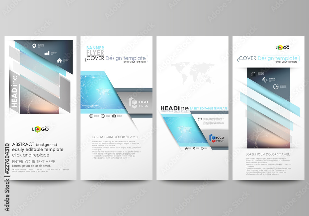 The minimalistic abstract vector illustration of editable layout of four modern vertical banners, flyers design business templates. Molecule structure. Science, technology concept. Polygonal design. The minimalistic abstract vector illustration of editable layout of four modern vertical banners, flyers design business templates. Molecule structure. Science, technology concept. Polygonal design.