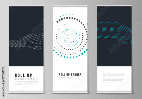 The vector illustration of the editable layout of roll up banner stands, vertical flyers, flags design business templates with simple geometric background made from dots, circles.