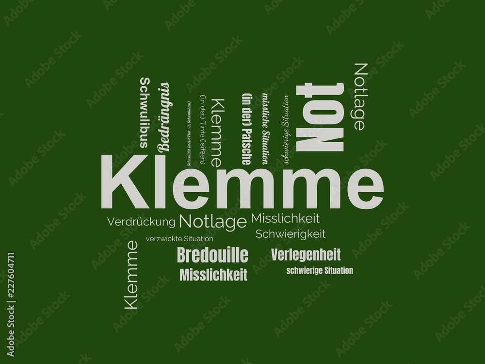 Das Wort - Klemme - abgebildet in einer Wortwolke mit zusammenhängenden Wörtern Das Wort - Klemme - abgebildet in einer Wortwolke mit zusammenhängenden Wörtern
