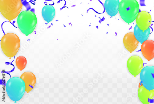 Happy New Year holiday greeting card on background with streamers on white background. Vector illustration.Balloons