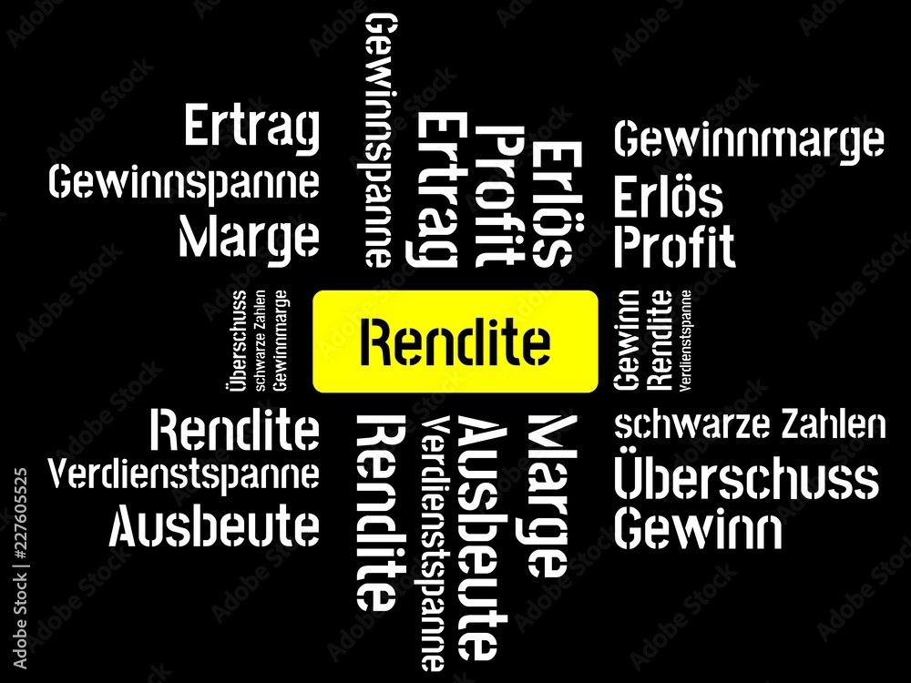 Das Wort - Rendite - abgebildet in einer Wortwolke mit zusammenhängenden Wörtern Das Wort - Rendite - abgebildet in einer Wortwolke mit zusammenhängenden Wörtern