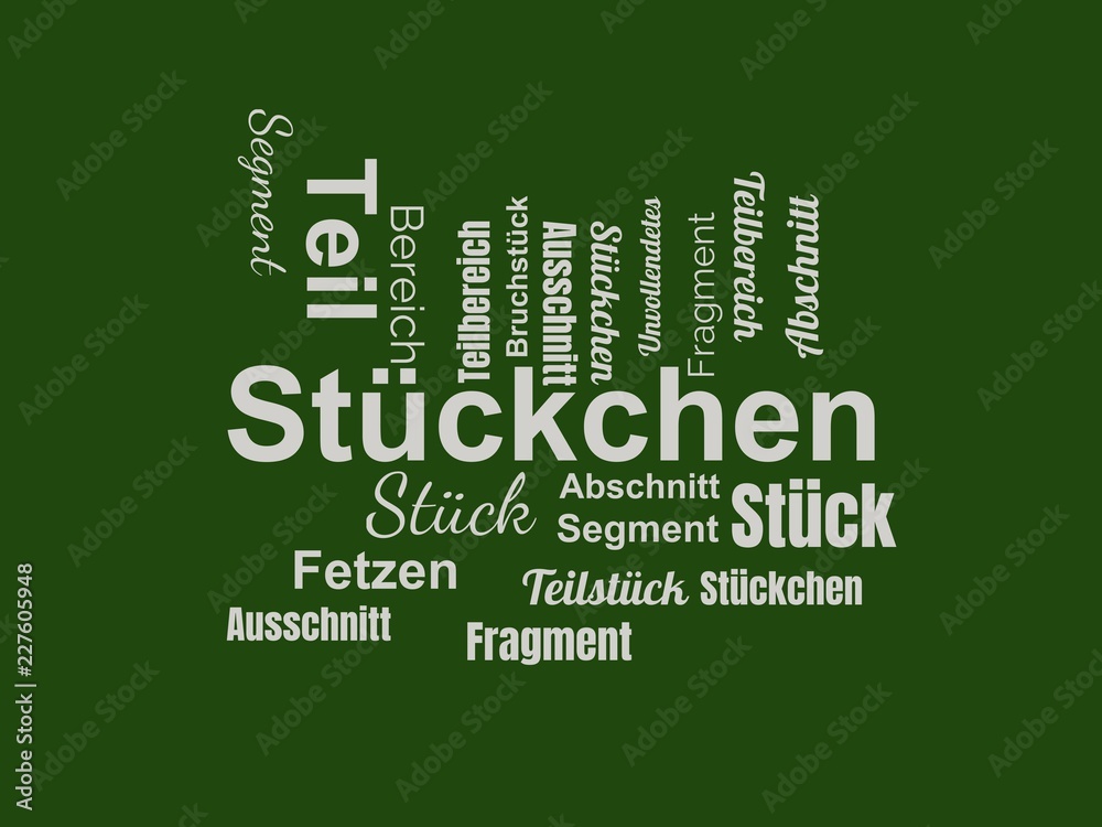 Das Wort - Stückchen - abgebildet in einer Wortwolke mit zusammenhängenden Wörtern Das Wort - Stückchen - abgebildet in einer Wortwolke mit zusammenhängenden Wörtern