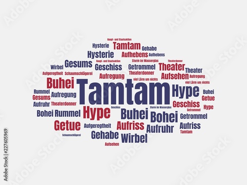 Das Wort - Tamtam - abgebildet in einer Wortwolke mit zusammenhängenden Wörtern