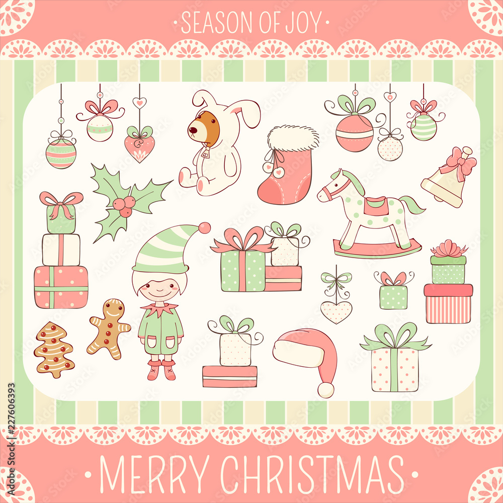 Fototapeta premium Set of cute Christmas party icons in retro style