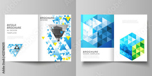The vector layout of two A4 format cover mockups design templates for bifold brochure, magazine, flyer, booklet, annual report. Blue color polygonal background with triangles, colorful mosaic pattern.