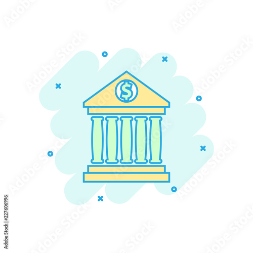 Vector cartoon bank building with dollar sign icon in comic style. Bank sign illustration pictogram. Building business splash effect concept.
