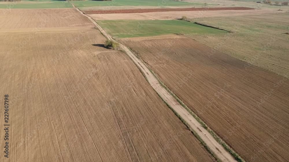 Plowed and sowed autumn farmland fields and empty bad gravel road, aerial view
