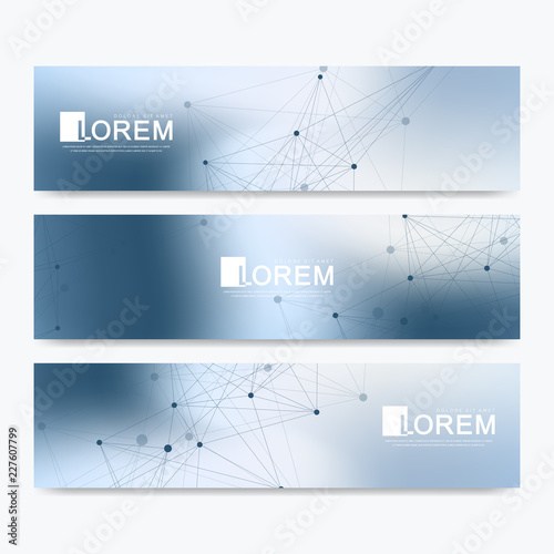 Abstract vector set of modern website banners. Scientific cybernetics background with a colored dynamic lines and particles. Molecule and communication background