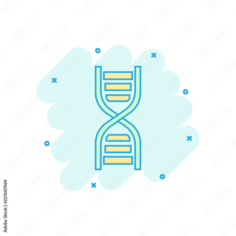 Vector cartoon dna icon in comic style. Medecine molecule sign illustration pictogram. Dna business splash effect concept. Vector cartoon dna icon in comic style. Medecine molecule sign illustration pictogram. Dna business splash effect concept.