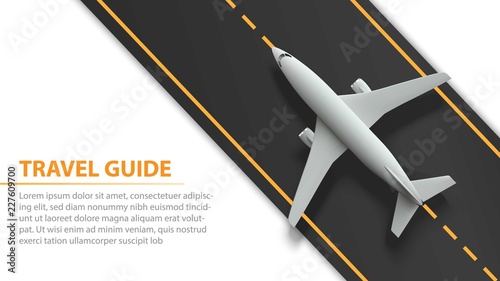 Air travel banner with plane on runway strip - vacation and travel concept design. Banner with airplane and runway strip. Vector illustration