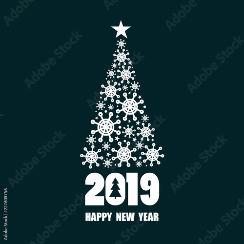 Dark blue and white background with 2019, christmas fir tree, english text. Decorative backdrop vector. Hand drawn poster design. Happy New Year, colorful greeting card. Winter time