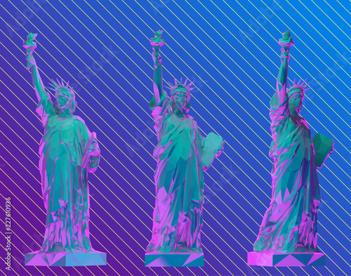 Vaporwave Statue of Liberty Set, New York landmark, American symbol Vector 3D Rendering