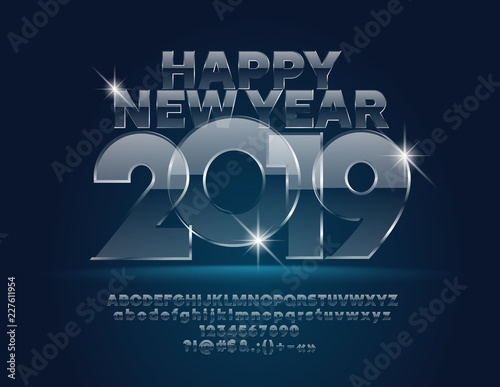 Vector Glass Happy New Year 2019 Greeting Card with set of Letters, Symbols and Numbers. Unique transparent Font
