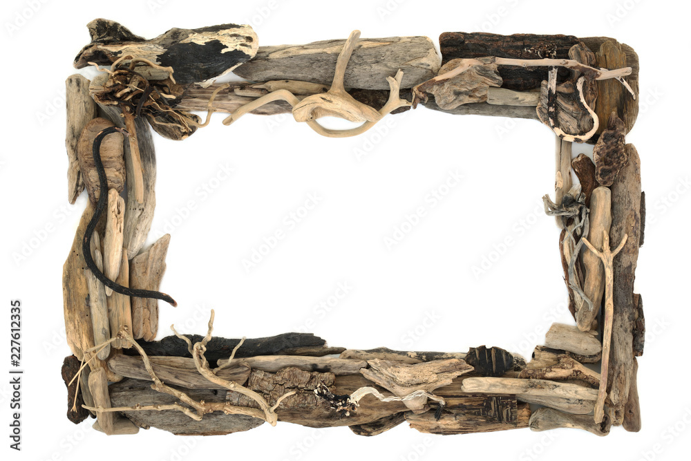Rustic driftwood frame forming a background border on white with copy space. - obrazy, fototapety, plakaty 