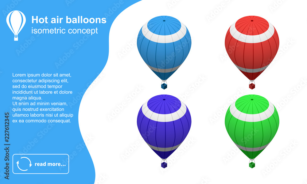 Naklejka premium Set of modern colorful hot air balloons isometric vector illustration.
