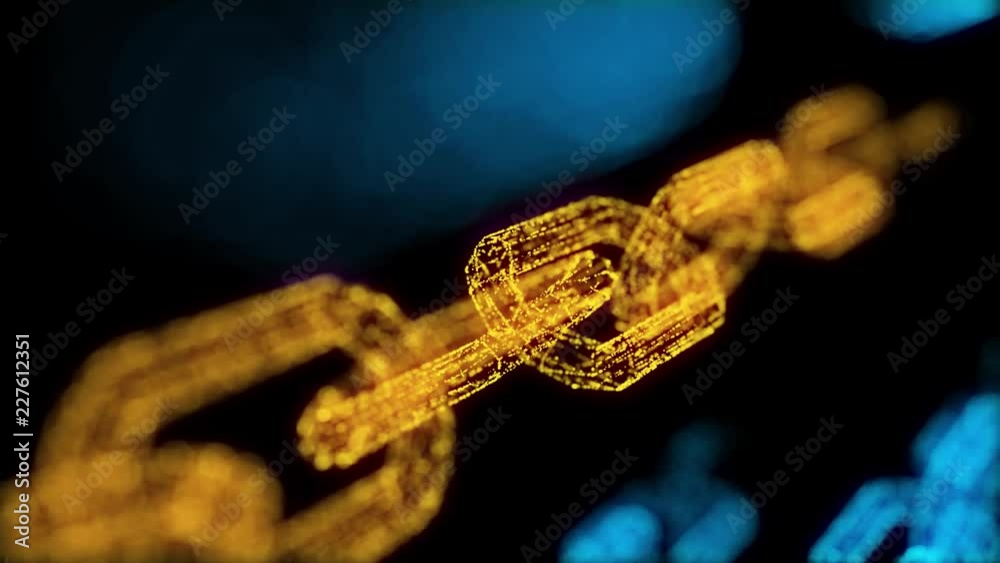 Blockchain crypto currency connected multi-function blue chain particle closeup Yellow chain
