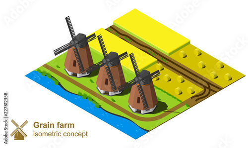Isometric grain farm with smock windmills near the river vector illustration. Round sheaf of hay in the field.