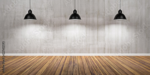 Fototapeta Naklejka Na Ścianę i Meble -  Room with three lamps, concrete wall and wooden floor 3D Illustration