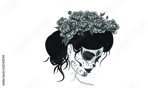 dia de los muertos day of the dead mexican holiday festival vector poster banner and card with, anta muerte woman make up sugar skull girl face with flowers wreath hand drawn
