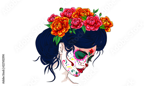 dia de los muertos day of the dead mexican holiday festival vector poster banner and card with, anta muerte woman make up sugar skull girl face with flowers wreath hand drawn
