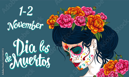 dia de los muertos day of the dead mexican holiday festival vector poster banner and card with, anta muerte woman make up sugar skull girl face with flowers wreath hand drawn