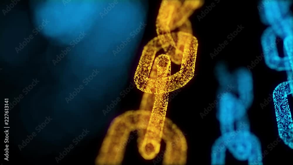 Blockchain cryptocurrency connected multi-function blue chain particle closeup Yellow Gold chain Blockchain cryptocurrency connected multi-function blue chain particle closeup Yellow Gold chain