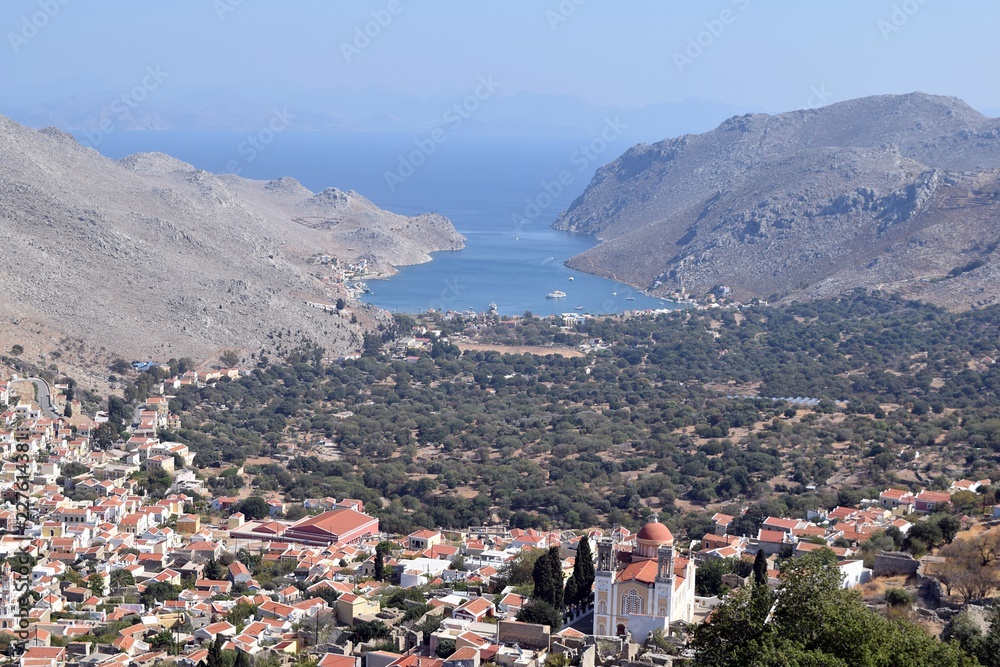 Beautiful mountain landscape. Sea city. Mountain village. Greek island. Greece.Simi Island.