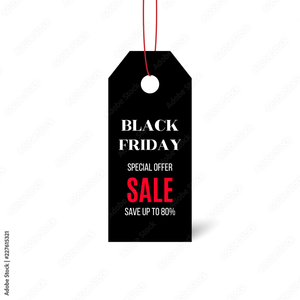 Black friday price sticker isolated on white background. Black tag with Sale text. Vector design template.