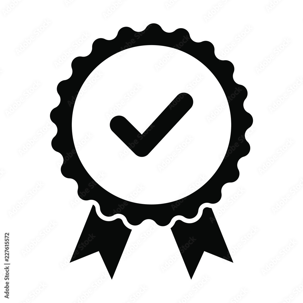 Black icon approved or certified medal. Isolated on white background. Flat design vector illustration. Black icon approved or certified medal. Isolated on white background. Flat design vector illustration.