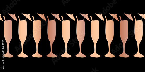 Copper foil champagne flute seamless vector pattern border. Rose gold cocktail glasses on black background. For restaurant, menu, party, celebration, wedding, birthday, invitation, Christmas, New Year