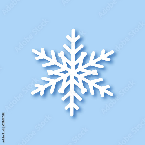 Big White Snowflake with shadow on blue background. Template Snowflake