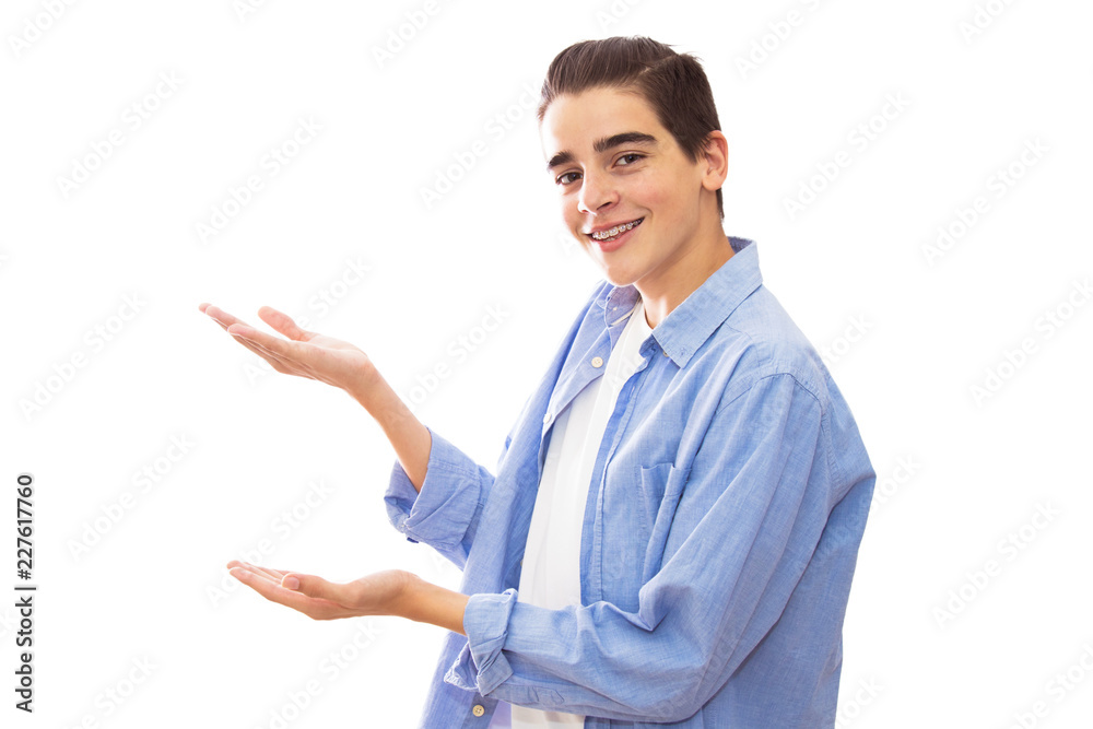 young teenager isolated in white pointing with space for text young teenager isolated in white pointing with space for text
