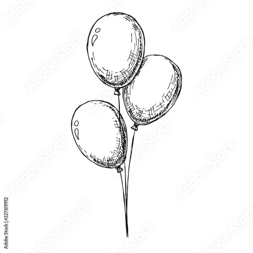 Three balloons on a string. Hand drawn, isolated on a white back